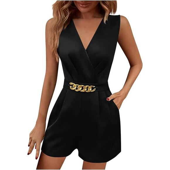 Women's Sleeveless Dressy Romper Chain Waisted One-Piece Shorts Jumpsuit Size L - Picture 1 of 12